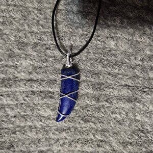 Lapis lazuli with pyrite horn pendant, NWOT, hand made wire wrapped, black cord